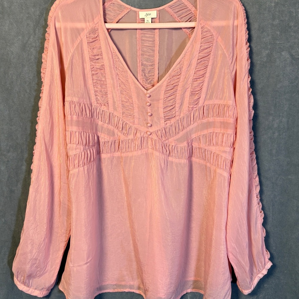 J. Jill‎ Womens Peach Ruched V-Neck Babydoll Sheer Flowy Blouse XL Beachy Boho